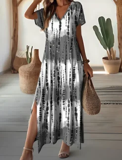 Outlet Women's Maxi Dress V-Neck Tie-Dye Print Blue Green White Side Slit Casual Beach Summer Flowy Comfortable Versatile Short Sleeve Sizes Available Fashion Women Vacation Dresses
