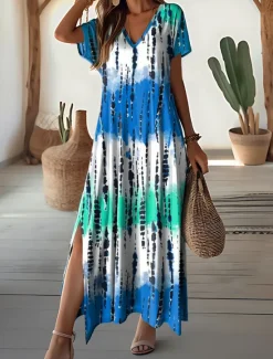 Outlet Women's Maxi Dress V-Neck Tie-Dye Print Blue Green White Side Slit Casual Beach Summer Flowy Comfortable Versatile Short Sleeve Sizes Available Fashion Women Vacation Dresses