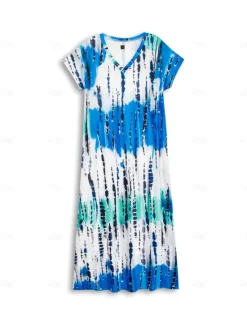 Outlet Women's Maxi Dress V-Neck Tie-Dye Print Blue Green White Side Slit Casual Beach Summer Flowy Comfortable Versatile Short Sleeve Sizes Available Fashion Women Vacation Dresses