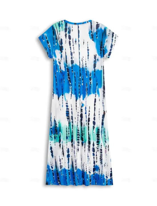 Outlet Women's Maxi Dress V-Neck Tie-Dye Print Blue Green White Side Slit Casual Beach Summer Flowy Comfortable Versatile Short Sleeve Sizes Available Fashion Women Vacation Dresses