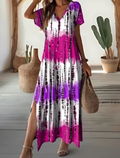 Outlet Women's Maxi Dress V-Neck Tie-Dye Print Blue Green White Side Slit Casual Beach Summer Flowy Comfortable Versatile Short Sleeve Sizes Available Fashion Women Vacation Dresses