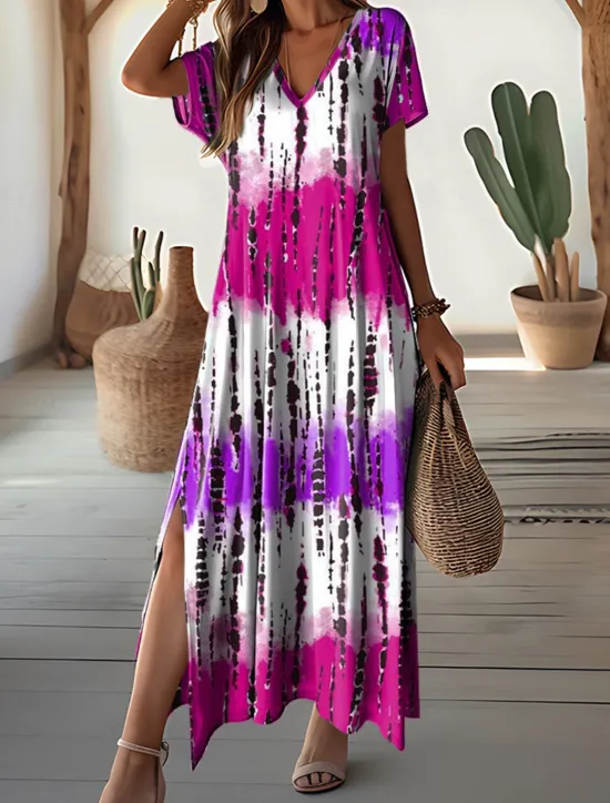 Outlet Women's Maxi Dress V-Neck Tie-Dye Print Blue Green White Side Slit Casual Beach Summer Flowy Comfortable Versatile Short Sleeve Sizes Available Fashion Women Vacation Dresses