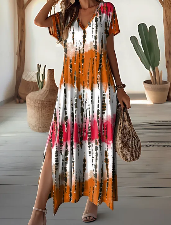 Outlet Women's Maxi Dress V-Neck Tie-Dye Print Blue Green White Side Slit Casual Beach Summer Flowy Comfortable Versatile Short Sleeve Sizes Available Fashion Women Vacation Dresses