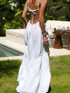 Online Women's Maxi Dress Dress Graduation Dress Cotton Linen Dress Strap Dress Basic Modern Daily Weekend Regular Fit Plain Sleeveless Spaghetti Strap Light Green Navy Blue Blue Summer Spring Women White Dresses