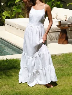 Online Women's Maxi Dress Dress Graduation Dress Cotton Linen Dress Strap Dress Basic Modern Daily Weekend Regular Fit Plain Sleeveless Spaghetti Strap Light Green Navy Blue Blue Summer Spring Women White Dresses
