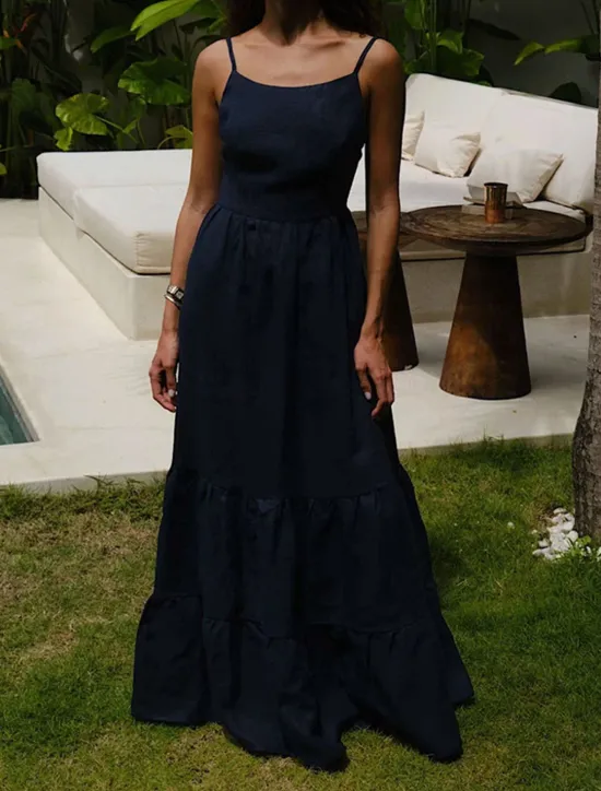 Online Women's Maxi Dress Dress Graduation Dress Cotton Linen Dress Strap Dress Basic Modern Daily Weekend Regular Fit Plain Sleeveless Spaghetti Strap Light Green Navy Blue Blue Summer Spring Women White Dresses