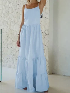 Online Women's Maxi Dress Dress Graduation Dress Cotton Linen Dress Strap Dress Basic Modern Daily Weekend Regular Fit Plain Sleeveless Spaghetti Strap Light Green Navy Blue Blue Summer Spring Women White Dresses
