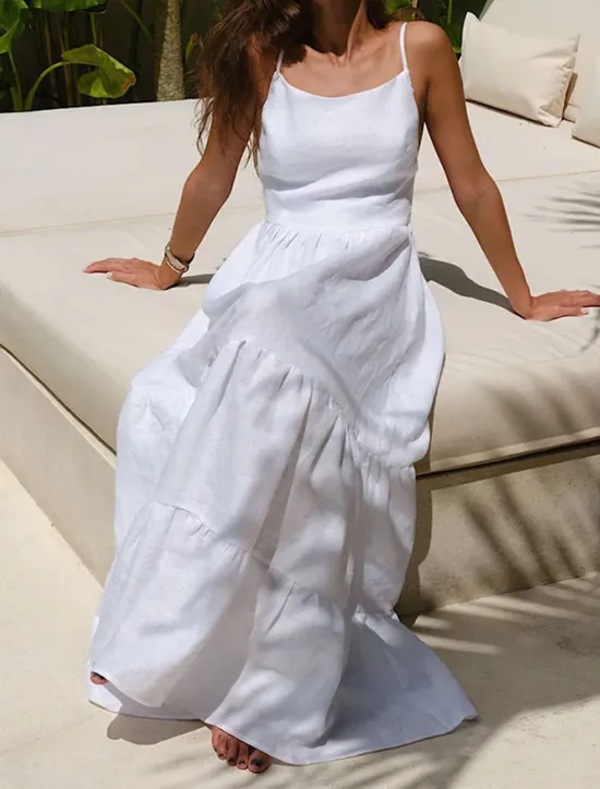 Online Women's Maxi Dress Dress Graduation Dress Cotton Linen Dress Strap Dress Basic Modern Daily Weekend Regular Fit Plain Sleeveless Spaghetti Strap Light Green Navy Blue Blue Summer Spring Women White Dresses