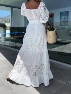Clearance Women's Maxi Dress White Dress Casual Dress Swing Dress A Line Dress Streetwear Maxi Basic Vacation Street Holiday Regular Fit 3/4 Length Sleeve Square Neck White Pink Purple Apricot Summer Women White Dresses