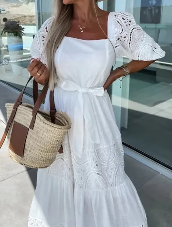 Clearance Women's Maxi Dress White Dress Casual Dress Swing Dress A Line Dress Streetwear Maxi Basic Vacation Street Holiday Regular Fit 3/4 Length Sleeve Square Neck White Pink Purple Apricot Summer Women White Dresses