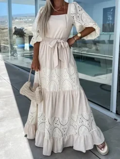 Clearance Women's Maxi Dress White Dress Casual Dress Swing Dress A Line Dress Streetwear Maxi Basic Vacation Street Holiday Regular Fit 3/4 Length Sleeve Square Neck White Pink Purple Apricot Summer Women White Dresses