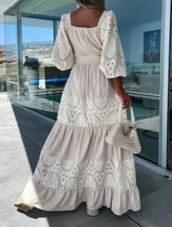 Clearance Women's Maxi Dress White Dress Casual Dress Swing Dress A Line Dress Streetwear Maxi Basic Vacation Street Holiday Regular Fit 3/4 Length Sleeve Square Neck White Pink Purple Apricot Summer Women White Dresses