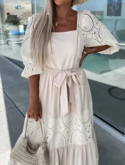 Clearance Women's Maxi Dress White Dress Casual Dress Swing Dress A Line Dress Streetwear Maxi Basic Vacation Street Holiday Regular Fit 3/4 Length Sleeve Square Neck White Pink Purple Apricot Summer Women White Dresses