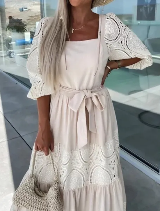 Clearance Women's Maxi Dress White Dress Casual Dress Swing Dress A Line Dress Streetwear Maxi Basic Vacation Street Holiday Regular Fit 3/4 Length Sleeve Square Neck White Pink Purple Apricot Summer Women White Dresses