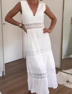 Clearance Women's Maxi Dress Dress Lace Dress Boho Dress Streetwear Beach Regular Fit Solid Color V Neck Summer Women White Dresses