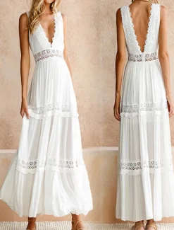 Clearance Women's Maxi Dress Dress Lace Dress Boho Dress Streetwear Beach Regular Fit Solid Color V Neck Summer Women White Dresses