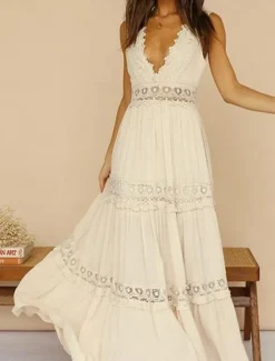 Clearance Women's Maxi Dress Dress Lace Dress Boho Dress Streetwear Beach Regular Fit Solid Color V Neck Summer Women White Dresses