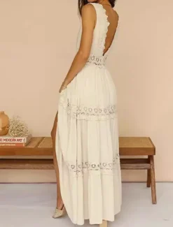 Clearance Women's Maxi Dress Dress Lace Dress Boho Dress Streetwear Beach Regular Fit Solid Color V Neck Summer Women White Dresses