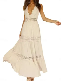 Clearance Women's Maxi Dress Dress Lace Dress Boho Dress Streetwear Beach Regular Fit Solid Color V Neck Summer Women White Dresses