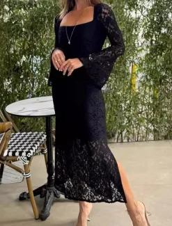 New Women's Maxi Dress White Dress Black Dress Lace Dress Elegant Stylish Sexy Wedding Vacation Party Regular Fit Long Sleeve Square Neck Black White Summer Spring Fall Winter Women White Dresses