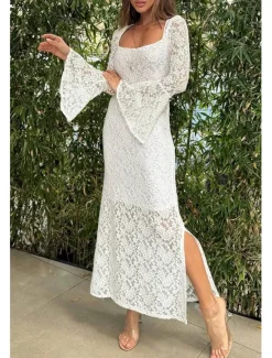 New Women's Maxi Dress White Dress Black Dress Lace Dress Elegant Stylish Sexy Wedding Vacation Party Regular Fit Long Sleeve Square Neck Black White Summer Spring Fall Winter Women White Dresses