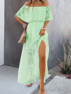 Hot Women's Maxi Dress Dress A Line Dress Elegant Ruffle Sleeve Wedding Guest Cocktail Party Loose Fit Solid Color Plain Short Sleeve Off Shoulder Apricot Summer Women Chiffon Dresses|White Dresses