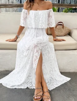 Hot Women's Maxi Dress Dress A Line Dress Elegant Ruffle Sleeve Wedding Guest Cocktail Party Loose Fit Solid Color Plain Short Sleeve Off Shoulder Apricot Summer Women Chiffon Dresses|White Dresses