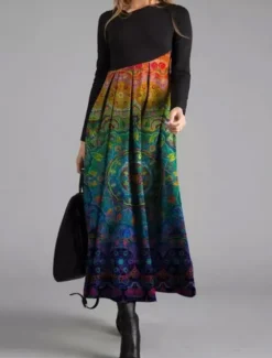 Women's Maxi Dress Work Dresses Semi Formal Office Regular Fit Floral Geometric Long Sleeve Crew Neck Black White Yellow Blue Spring Fall Winter Women Work Dresses