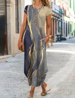 Clearance Women's Maxi long Dress Casual Dress Summer Dress Print Dress Classic Casual Mature Vacation Daily Holiday Regular Fit Floral Graphic Color Block Short Sleeve Crew Neck Black White Yellow Red Summer Women Casual Dress