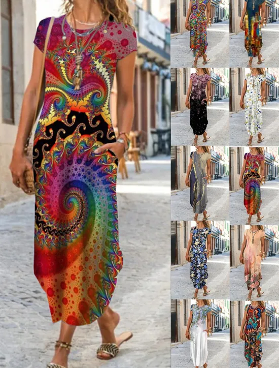 Clearance Women's Maxi long Dress Casual Dress Summer Dress Print Dress Classic Casual Mature Vacation Daily Holiday Regular Fit Floral Graphic Color Block Short Sleeve Crew Neck Black White Yellow Red Summer Women Casual Dress