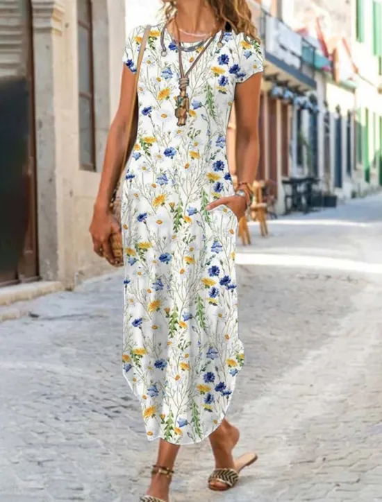 Clearance Women's Maxi long Dress Casual Dress Summer Dress Print Dress Classic Casual Mature Vacation Daily Holiday Regular Fit Floral Graphic Color Block Short Sleeve Crew Neck Black White Yellow Red Summer Women Casual Dress