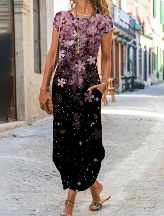 Clearance Women's Maxi long Dress Casual Dress Summer Dress Print Dress Classic Casual Mature Vacation Daily Holiday Regular Fit Floral Graphic Color Block Short Sleeve Crew Neck Black White Yellow Red Summer Women Casual Dress
