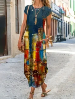 Clearance Women's Maxi long Dress Casual Dress Summer Dress Print Dress Classic Casual Mature Vacation Daily Holiday Regular Fit Floral Graphic Color Block Short Sleeve Crew Neck Black White Yellow Red Summer Women Casual Dress