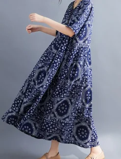 Discount Women's Maxi long Dress Casual Dress Ethnic Dress Swing Dress Summer Dress Vintage Retro Casual Vacation Daily Holiday Loose Fit Tribal Half Sleeve Crew Neck Red Navy Blue Summer Spring Fall Women Floral Dresses