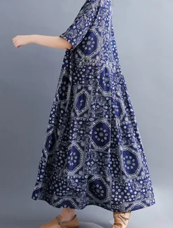 Discount Women's Maxi long Dress Casual Dress Ethnic Dress Swing Dress Summer Dress Vintage Retro Casual Vacation Daily Holiday Loose Fit Tribal Half Sleeve Crew Neck Red Navy Blue Summer Spring Fall Women Floral Dresses