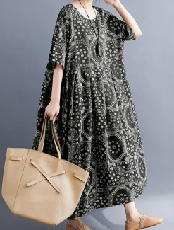 Discount Women's Maxi long Dress Casual Dress Ethnic Dress Swing Dress Summer Dress Vintage Retro Casual Vacation Daily Holiday Loose Fit Tribal Half Sleeve Crew Neck Red Navy Blue Summer Spring Fall Women Floral Dresses
