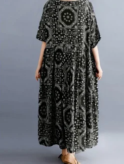 Discount Women's Maxi long Dress Casual Dress Ethnic Dress Swing Dress Summer Dress Vintage Retro Casual Vacation Daily Holiday Loose Fit Tribal Half Sleeve Crew Neck Red Navy Blue Summer Spring Fall Women Floral Dresses