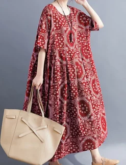 Discount Women's Maxi long Dress Casual Dress Ethnic Dress Swing Dress Summer Dress Vintage Retro Casual Vacation Daily Holiday Loose Fit Tribal Half Sleeve Crew Neck Red Navy Blue Summer Spring Fall Women Floral Dresses