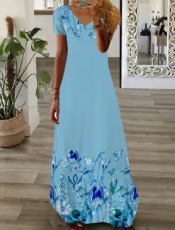 Sale Women's Maxi long Dress Casual Dress Summer Dress Print Dress Fashion Streetwear Outdoor Vacation Daily Print Short Sleeve V Neck Dress Regular Fit Black White Pink Summer Spring S M L XL XXL Women Floral Dresses|Spring Dresses