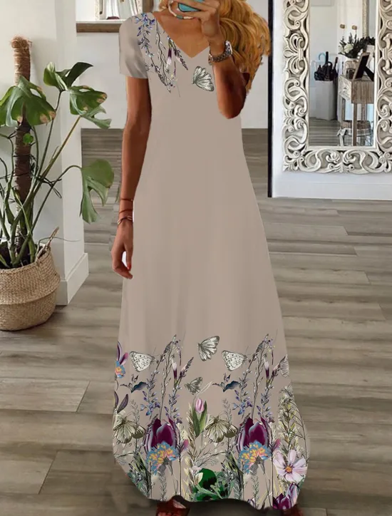 Sale Women's Maxi long Dress Casual Dress Summer Dress Print Dress Fashion Streetwear Outdoor Vacation Daily Print Short Sleeve V Neck Dress Regular Fit Black White Pink Summer Spring S M L XL XXL Women Floral Dresses|Spring Dresses