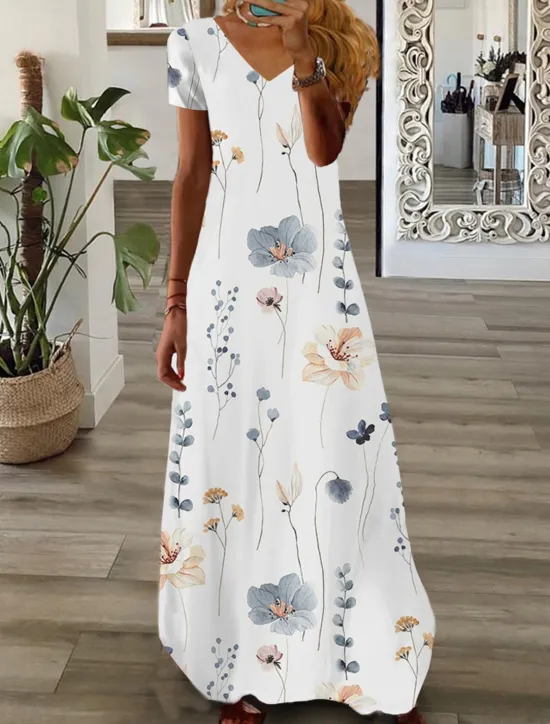 Sale Women's Maxi long Dress Casual Dress Summer Dress Print Dress Fashion Streetwear Outdoor Vacation Daily Print Short Sleeve V Neck Dress Regular Fit Black White Pink Summer Spring S M L XL XXL Women Floral Dresses|Spring Dresses