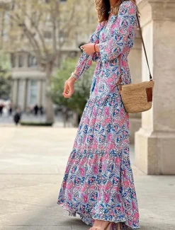 Outlet Women's Maxi long Dress Casual Dress Boho Chic Dresses Long Sleeve Boho Dress Boho Dress Elegant Bohemia Stylish Winter Dress Vacation Daily Regular Fit Floral Long Sleeve V Neck Pink Green Fall Women Spring Dresses