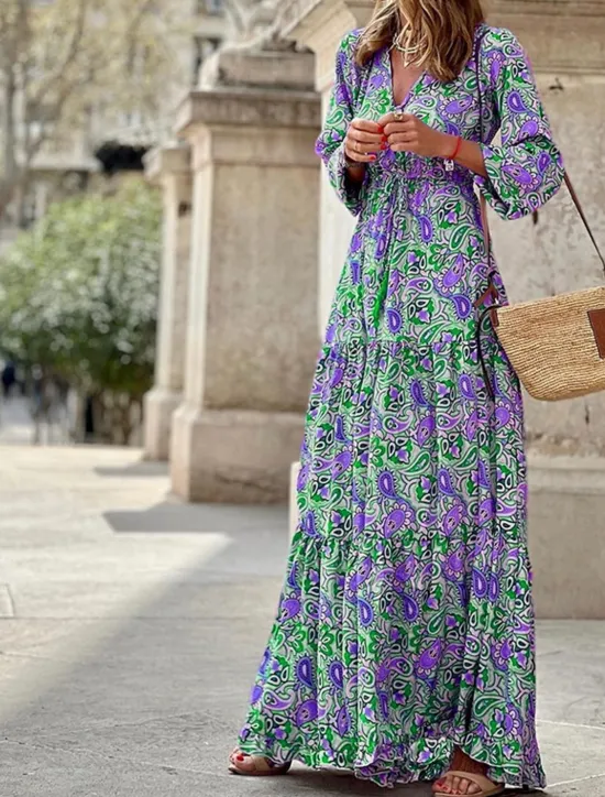 Outlet Women's Maxi long Dress Casual Dress Boho Chic Dresses Long Sleeve Boho Dress Boho Dress Elegant Bohemia Stylish Winter Dress Vacation Daily Regular Fit Floral Long Sleeve V Neck Pink Green Fall Women Spring Dresses