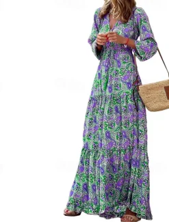 Outlet Women's Maxi long Dress Casual Dress Boho Chic Dresses Long Sleeve Boho Dress Boho Dress Elegant Bohemia Stylish Winter Dress Vacation Daily Regular Fit Floral Long Sleeve V Neck Pink Green Fall Women Spring Dresses