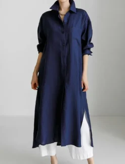 Clearance Women's Maxi long Dress Linen-Inspired Dresses Shirt Dress Casual Dress Shift Dress Casual Mature Winter Dress Vacation Daily Loose Fit Pure Color Long Sleeve Shirt Collar Black Navy Blue Beige Women Dresses