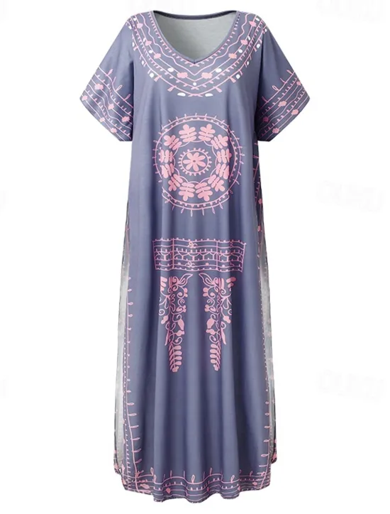 Hot Women's Maxi long Dress Long Dress Maxi Dress Casual Dress T Shirt Dress Tee Dress Boho Dress Print Dress Fashion Bohemian Casual Outdoor Vacation Daily Loose Fit Floral Short Sleeve V Neck Sky Blue Women Floral Dresses