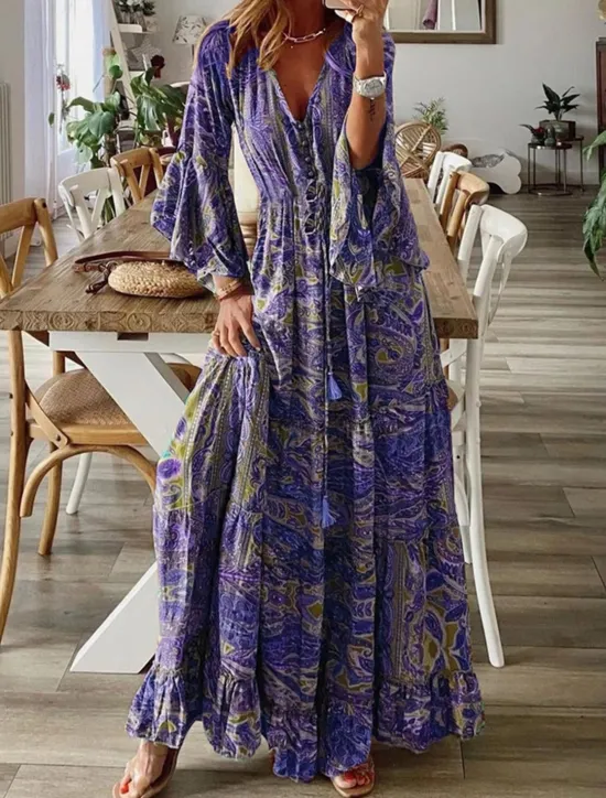 Clearance Women's Maxi long Dress Long Sleeve Boho Dress Boho Dress Print Dress Bohemia Fashion Streetwear Flared Sleeve Street Holiday Going out Loose Fit Graphic V Neck Red Blue Purple Orange Summer Spring Women Floral Dresses