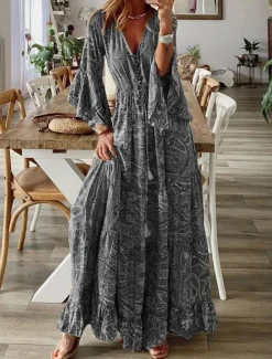 Clearance Women's Maxi long Dress Long Sleeve Boho Dress Boho Dress Print Dress Bohemia Fashion Streetwear Flared Sleeve Street Holiday Going out Loose Fit Graphic V Neck Red Blue Purple Orange Summer Spring Women Floral Dresses