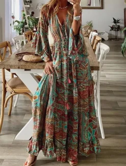 Clearance Women's Maxi long Dress Long Sleeve Boho Dress Boho Dress Print Dress Bohemia Fashion Streetwear Flared Sleeve Street Holiday Going out Loose Fit Graphic V Neck Red Blue Purple Orange Summer Spring Women Floral Dresses