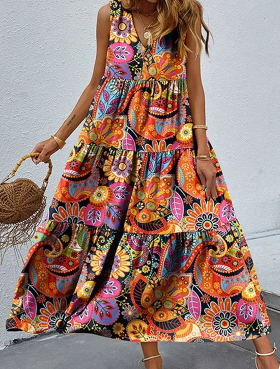 Sale Women's Maxi long Dress Swing Dress Tank Dress Summer Dress Boho Dress Fashion Streetwear Tribal Outdoor Vacation Street Loose Fit Floral Paisley Sleeveless V Neck Summer Spring Women Spring Dresses